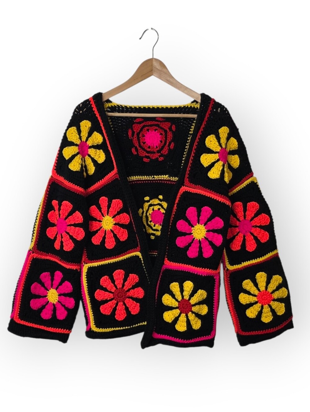 Handmade Floral Daisy Granny Square Knit Women's Cardigan Med-Large